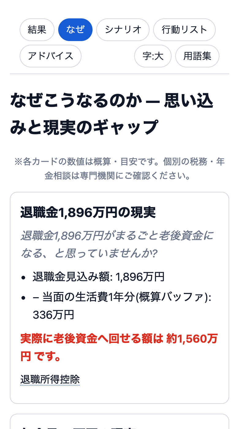「なぜこうなるのか」の解説画面。退職金の額面から実際に老後資金へ回せる額を概算するカードが表示されている